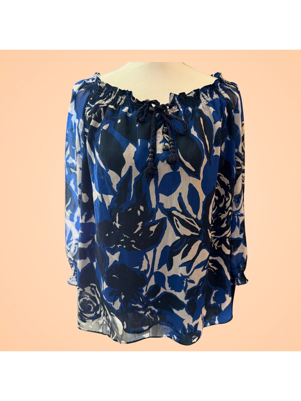Dana Buchman Womens XL Blue Floral Peasant Blouse Sheer Sleeve Tassel Tie Boho